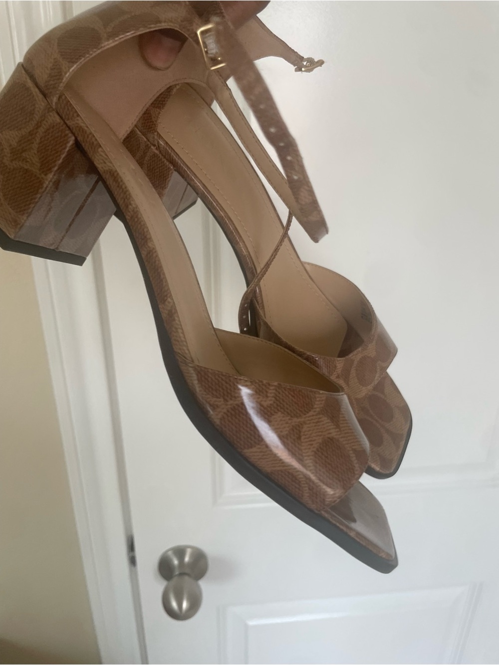 Coach Brown Signature Block Heel Sandal with Ankle Strap Patent - Picture 5 of 9